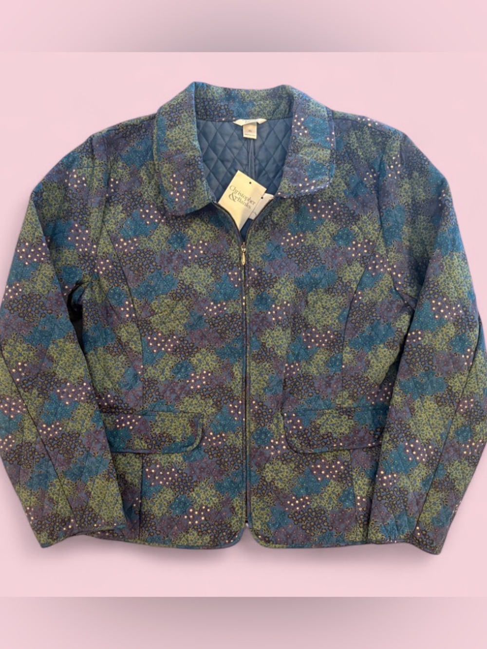 NWT Christopher & Banks Blue & Purple Floral Lightweight Quilted Jacket Size XL